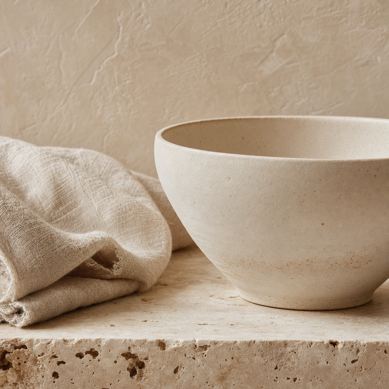 Hand-thrown ceramic bowl on travertine with natural linen