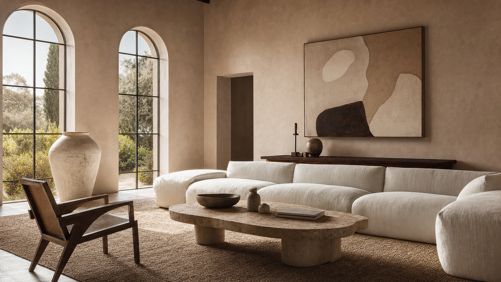 Luxury interior with arched windows, travertine table, and linen sofa