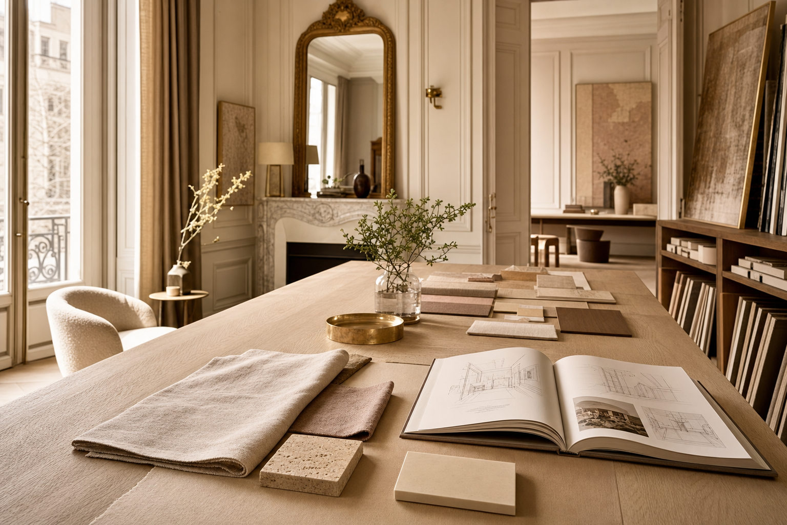 Private design atelier with material samples and architectural drawings